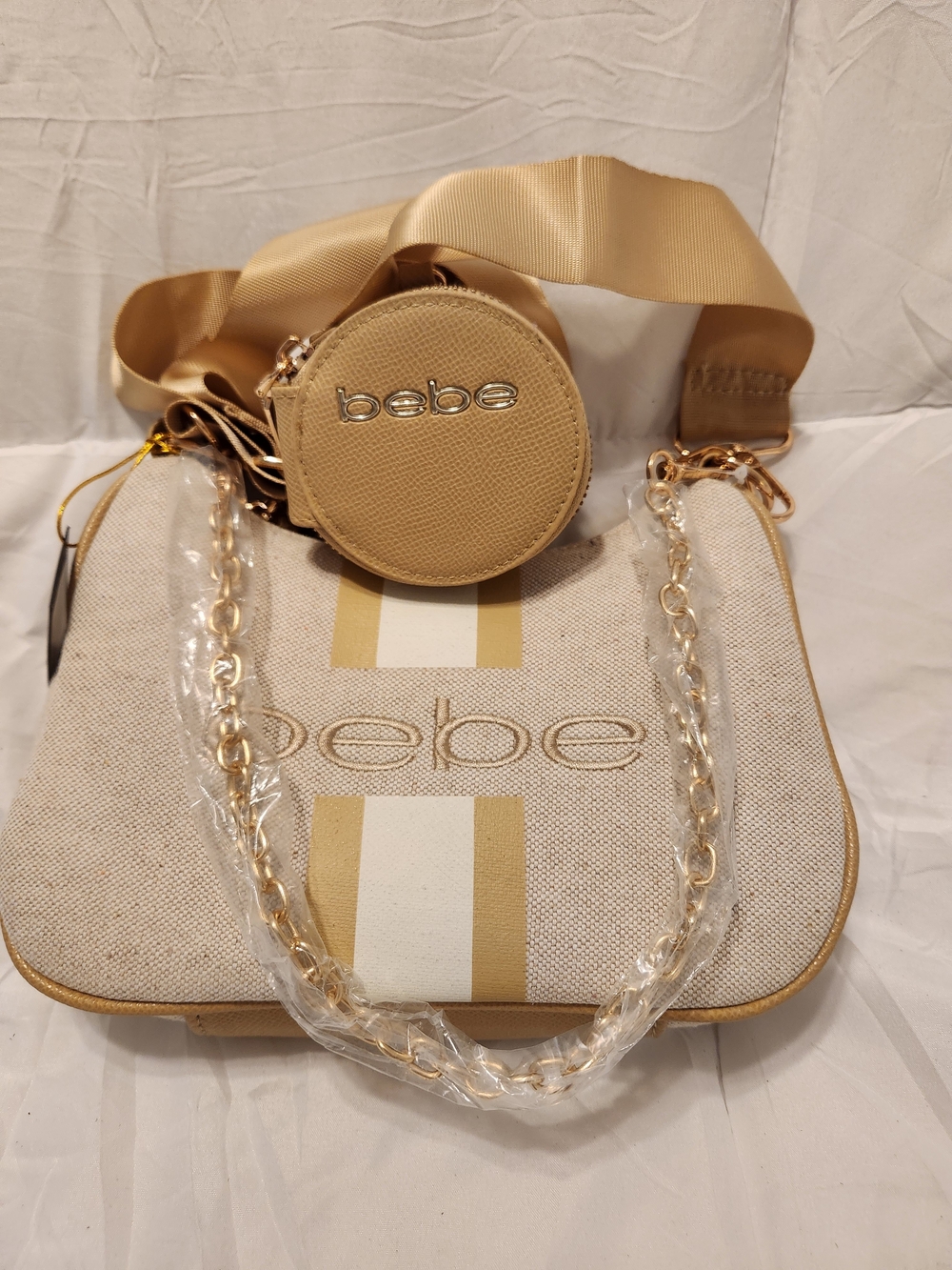 bebe Beige Canvas & Leather Crossbody Set